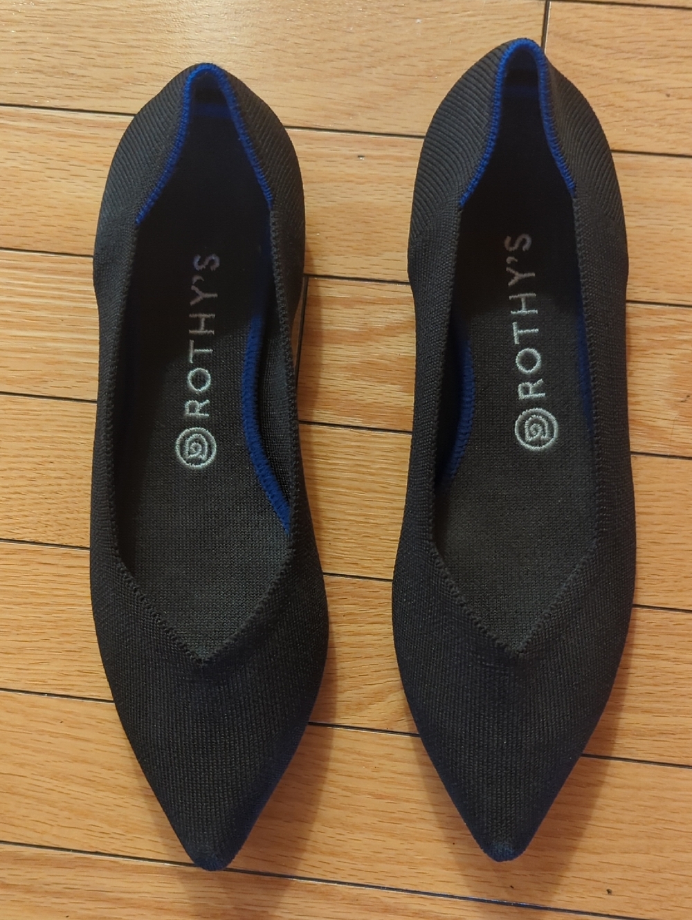 Rothy's Pointed Knit Ballet Flat - Black with Blue Trim